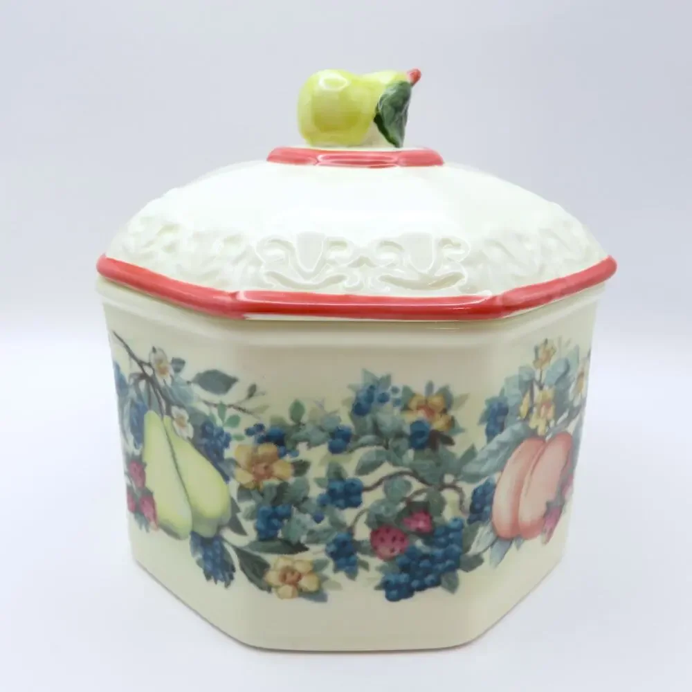 Vintage Avon Sweet Country Harvest Ceramic Covered Small Canister w/ Pear Finial
